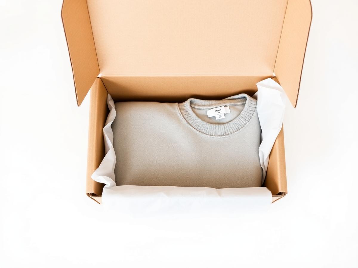 Neatly folded garment in a branded shipping box with tissue paper